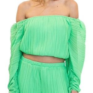 Torn by Ronny Kobo  pleated puff Top  crop Blouse Chic Off-Shoulder Green small